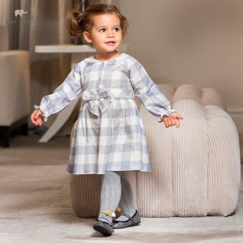 DBJ17135 dave bella spring baby girls cute removable bow plaid dress children fashion party dress kids infant lolita clothes