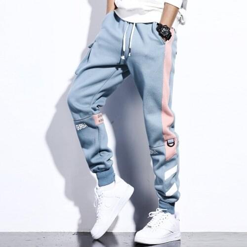 Blue Sweatpants Men Fashion Streetwear Men Joggers Pants Patchwork Harajuku Pencil Pants Elastic Waist Trousers Male HG144