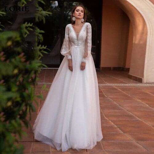 LORIE Boho Wedding Dress Puff Sleeves V Neck Lace Beach Wedding Gowns Floor Length A Line Wedding Party Dresses