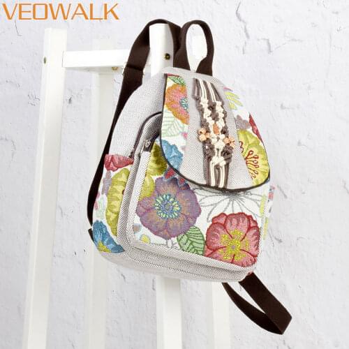 Veowalk Handmade Flowers Embroidered Women Canvas Backpacks Grey Retro Thailand Style Rucksacks Vegan Ladies Small Back Bag
