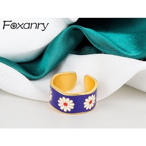 Foxanry 925 Sterling Silver Wide Rings for Women Summer New Trendy Elegant Vintage Simple Flower Pattern Blue Gule Party Jewelry