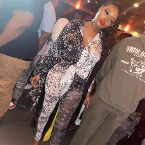 Two Piece Set Women 2021 Autumn Paisley Printed Mesh Sexy Pants Set Long Sleeve Lapel Shirts + Skinny Pants Casual Club 2Pcs Set