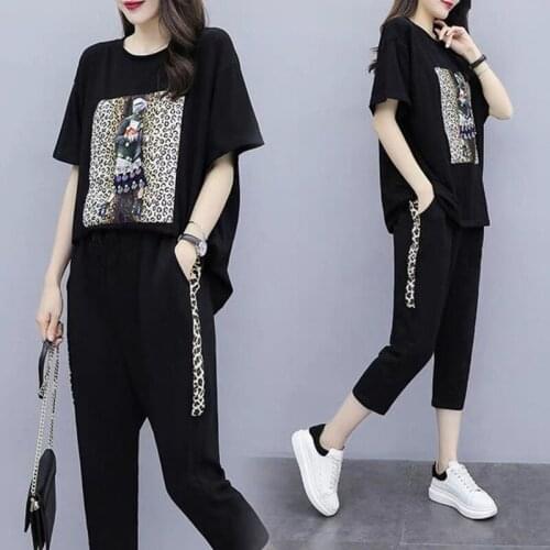 Womens Summer New Fashion Suit Slim Paint Print Short Sleeve T-shirt+Casual Pants Two Piece Set Leopard Clothes