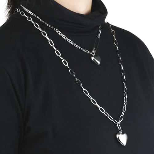 Women Gothic Punk Double Layer Love Heart Necklace Stainless Steel Thick Chain Pendants Necklaces Silver Color Collar Jewelry