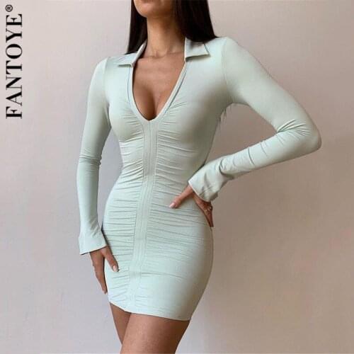 Fantoye Sexy Deep V-neck Ruched Women Dress Green Long Sleeve Bodycon Dress Women Autumn New Elegant Fashion Streetwear Vestidos