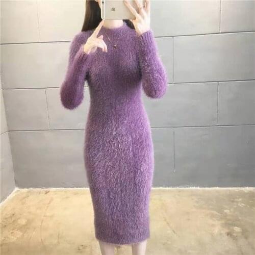 Womens Winter Clothing 2021 Imitation Mink Wool Thick Warm Turtleneck Sweater Dress Sheath Bodycon Dresses For Women Casual