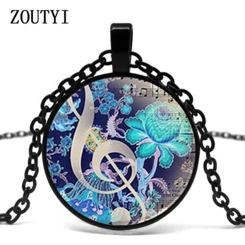 2018/ treble clef pendant necklace music jewelry blue flower necklace fashion silver chain statement convex round glass necklace