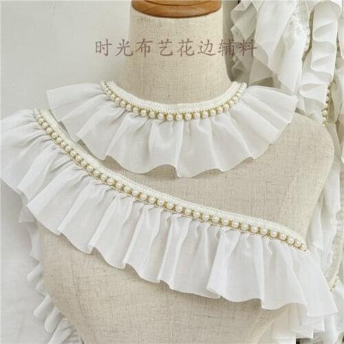 White Pleated Chiffon Lace Fabric Ruffle Beading Trim For Wedding Dress Embroidered Neckline Cuff Curtains Home Lace Accessories