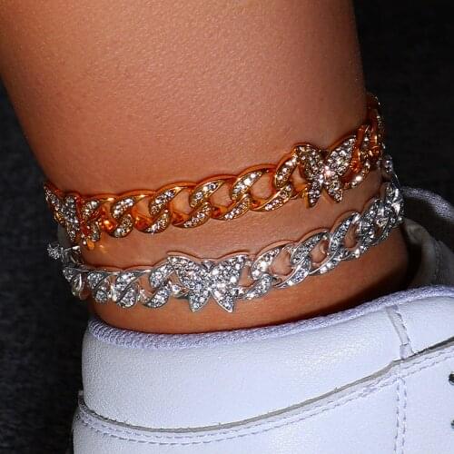 Stonefans Hip Hop Cuban Link Butterfly Anklet for Women Wholesale Cute Butterfly Iced Out Cuban Chain Anklet Bracelet Jewelry