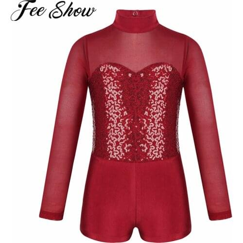 Kids Girls Sequins Ballet Dance Gymnastics Leotards Bodysuit Long Sleeves Jumpsuit Unitard Figure Skating Competition Costume