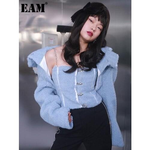[EAM] Loose Fit Imitation Lambswool Blue Short Jacket New Lapel Long Sleeve Women Coat Fashion Tide Autumn Winter 2021 1DD3359