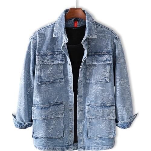 Autumn British Style Fashion Mens Jackets Vintage Blue Printed Loose Denim Coats Men Streetwear Hip Hop Denim Clothes Tops 3XL