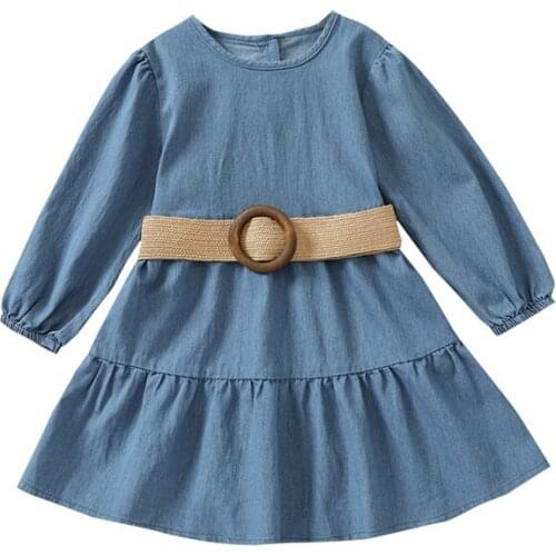 Fashion Kids Girls Casual Long Sleeve Dress with Belt Fashion Solid Color Back Button A-line Short Dress, 1-6Years