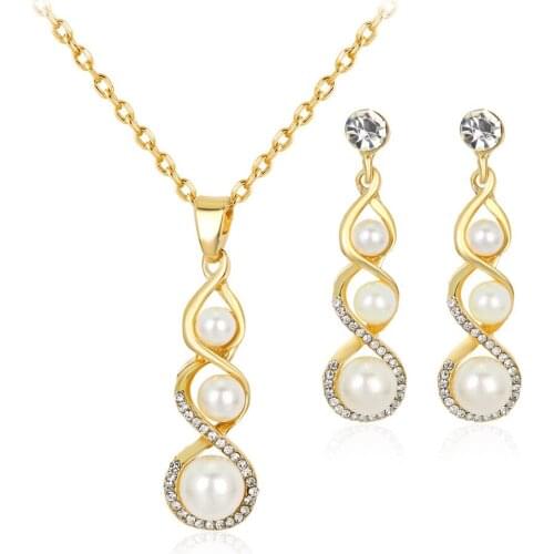 Fashion Classic Imitation Pearl GOld Plated Clear Crystal Elegant Party Gift Pearl Jewelry Sets