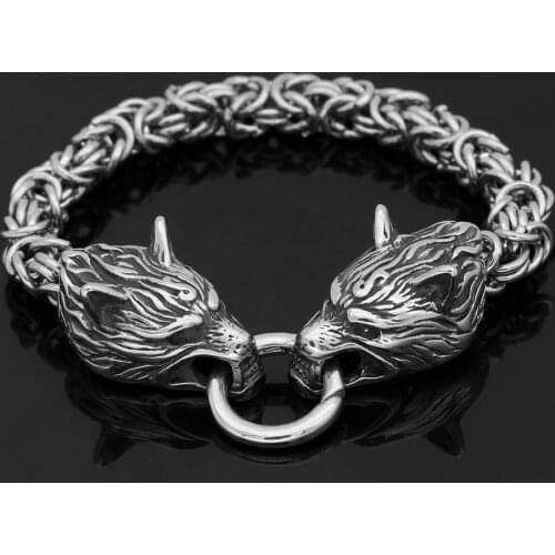 Norse Men stainless steel King chain viking wolf head bracelet 17-25 CM