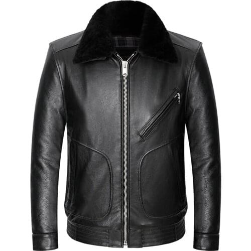 New Mens First Layer Cowhide Jacket Detachable Wool Collar Genuine Leather Jacket Lapel Large Size Cowhide Coat