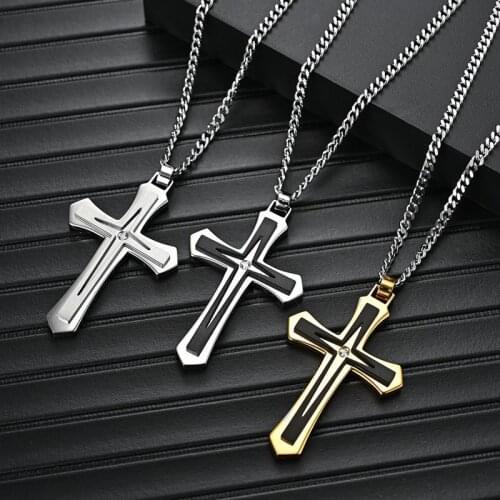 High Quality Stainless Steel Jewelry Diamond Necklace Gold/Black/Silver Vacumm Plated Mens Cross Pendant