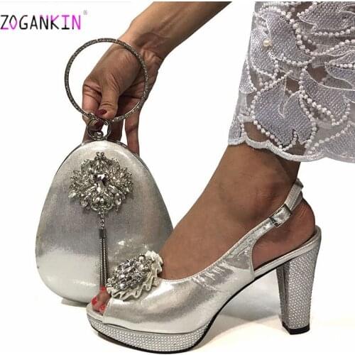 Latest New Coming Italian Lady Shoes And Bag Set Nigerian Design Matching Shoes And Bag Set African For Party in Silver