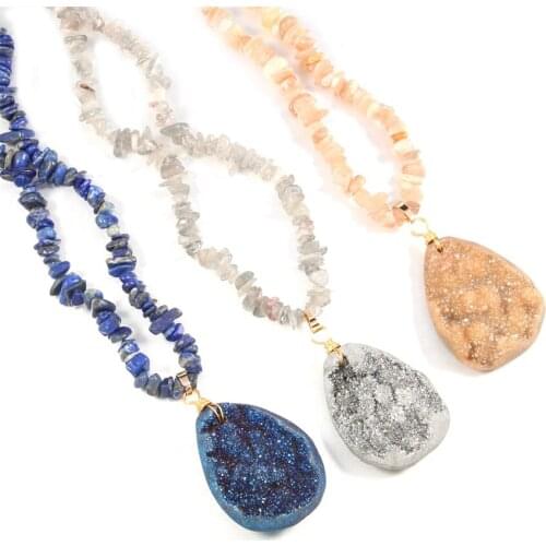Natural Stone Necklace Waterdrop Shape Crystal Agate Stone Pendant Long Chip Stone Chain Charms for Women Jewelry