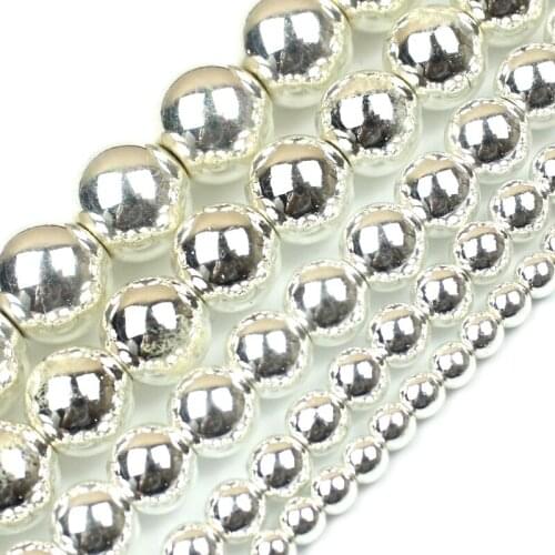 Natural Stone Silver Plated Hematite Beads Round Loose Stone Beads Strand For Jewelry Making DIY Bracelet 2/3/4/6/8/10/12mm 15