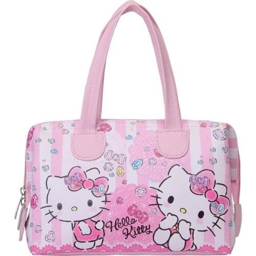 Cute Hello Kitty pink girly leather waterproof lunch bag PU student portable lunch box bag handbag small bag storage bag