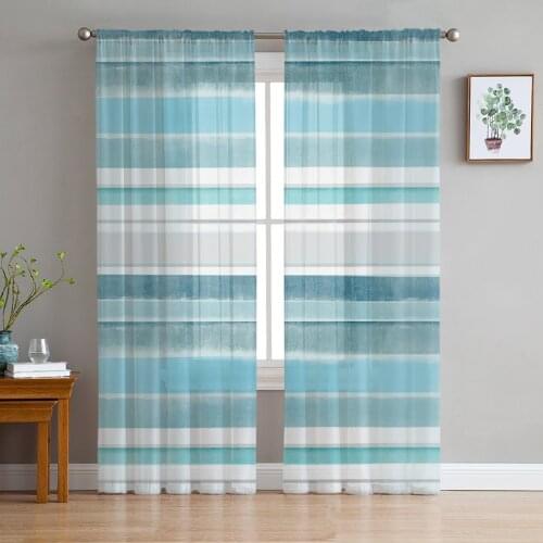 Youth Bedroom Sheer Curtains Nordic Style Stripes Turquoise Kitchen Study Curtains Living Room Holiday Decor Tulle Curtains