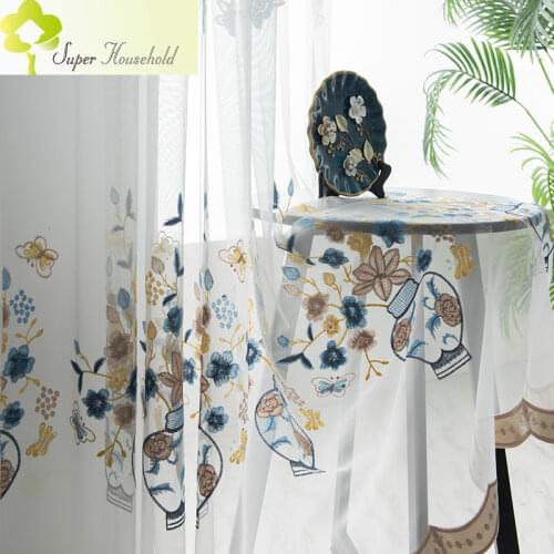 Chinese Style Embroidered Vase Flowers Tulle Curtains for Bedroom Simple White Sheer for Window Living Room Kitchen Blind SP18L