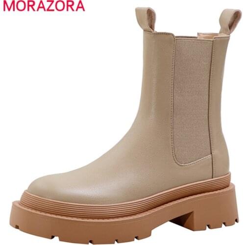 MORAZORA 2022 New Arrive Chelsea Boots Women Genuine Leather Shoes Stretch Slip On Fashion Cool Fashion Boots Women Black