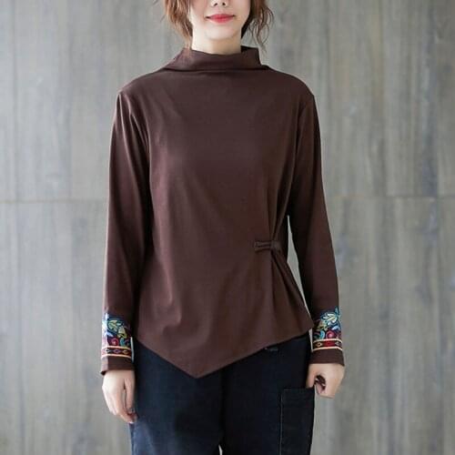 Women Casual Cotton T-shirts New Arrival 2020 Autumn Vintage Simple Style Floral Embroidery Female Long Sleeve Tops Tees S2217