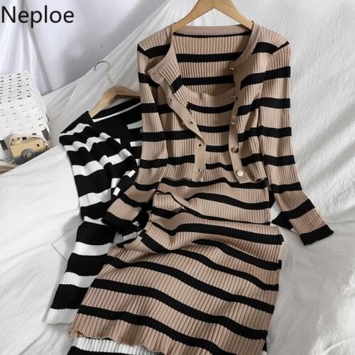 Neploe Knitted Two Piece Set Women 2 Pcs Cropped Cardigan Slim Fit Sling Dresses Femme Roupas 2021 Korean Chic Striped Suit