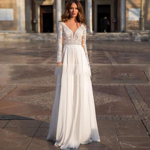 Long Sleeve Beach Wedding Dress White For Women Boho Custom Made 2021 Sexy V-neck Sweep Train Appliques Lace Chiffon Bridal Gown