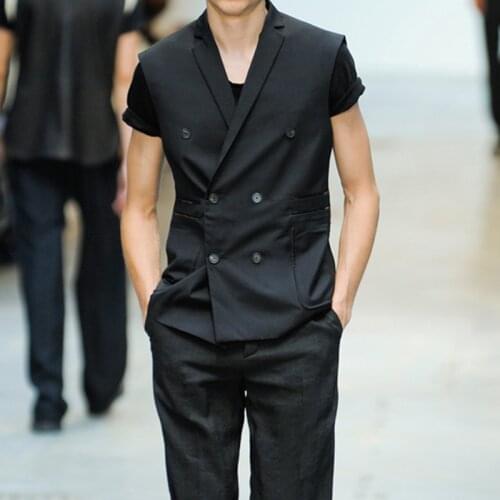 Vest Mens summer catwalk European and American fashion slim black top sleeveless small jacket suit vest