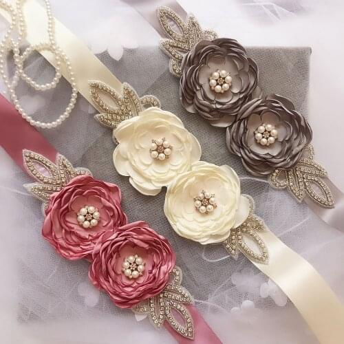 2019 Womens Elegant Two Flower Sash Flower Girl Rhinestone Beaded Waistband Bridal Ribbon Cummerbunds Wedding Dress Waist Belt
