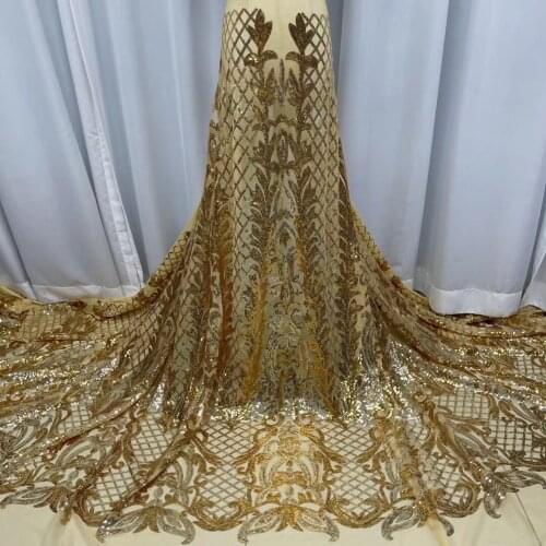 5yards/pc) Newest arrival gold sequins French net lace embroidered African tulle lace fabric for party dress FJY425