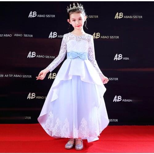 Flower Girl Dresses Princess Embroidery Button Pearls Ball Gown Tiered Floor-Length Tulle O-Neck Full Lace Kids Party Dress D210