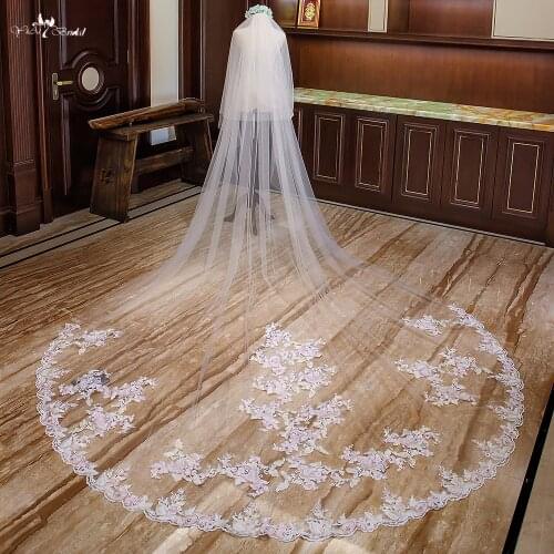 LZP298 Two Layer Cathedral Wedding Veil 4 Meters Long And 3 Meters Wide Bridal Veil Pink Applique Wedding Veil