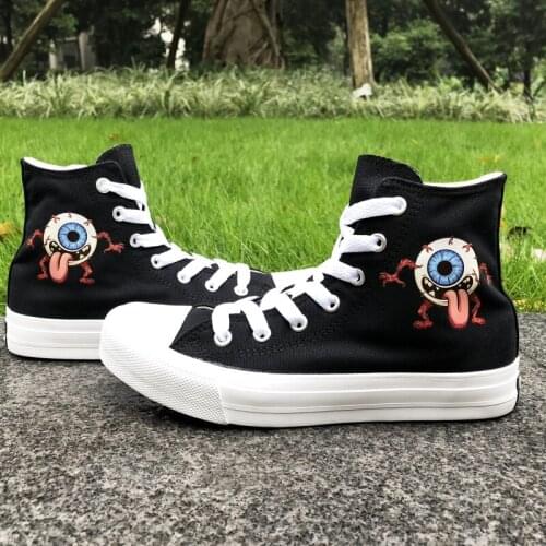Wen Original Design Eyeball Monster Black Skateboard Shoes Men High Top White Women Canvas Sneakers Rubber Soled Laced Plimsolls