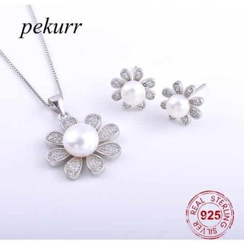 Pekurr 925 Sterling Silver Big Petal Sunflower Freshwater Natural Pearl Earrings Necklace Sets For Women Zircon Pendant Jewelry