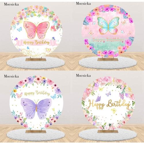 Mocsicka Happy Birthday Round Backdrop Colorful Butterfly Flowers Child Birthday Photo Background Circle Cover Photography Props