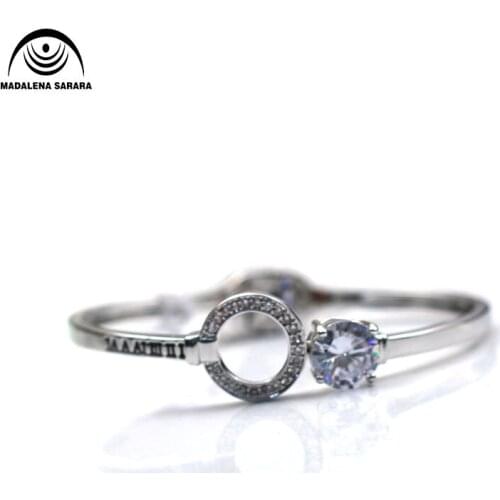 MADALENA SARARA AAAA Cubic Zirconia Pave Setting Girls Bangle One Circle One Stone Design Personality Two Colors Options