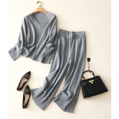 Autumn and winter new 2021 knitted V-neck 100% cashmere two-piece wide-leg pants womens casual suit