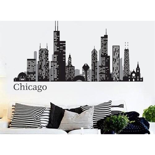 Office Wall Decals Chicago Skyline Murals City Silhouette Poster Vinyl Stickers Custom Color Size You Want Bedroom Decor DW4937