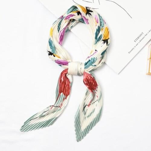 Yishine Hot Pleated Retro small square scarf Wrinkled silk Headscarf Flamingo Owl Floral Femme Elegant Womens Wrap Handkerchief