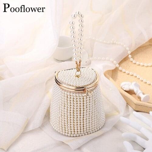 Pooflower Pearl Beaded Mini Evening Bags for Women Designer Wedding Party Bucket Clutch Bag Elegant Hand Bag Sac A Main ZH397