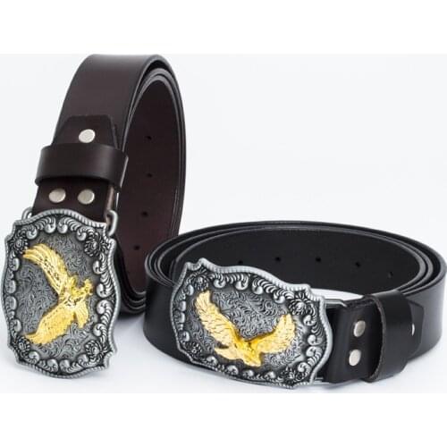 New retro cowhide leather belt western cowboy style eagle zinc alloy belt buckle youth wild belt