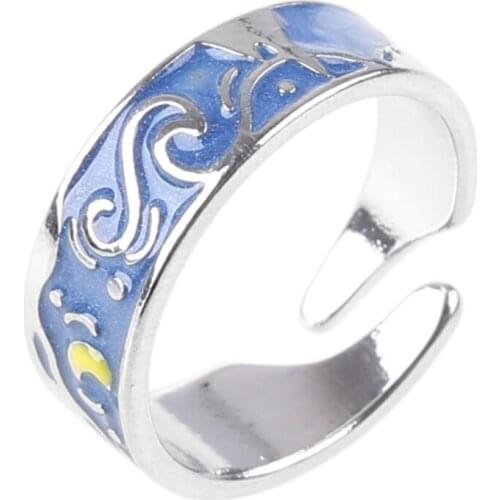 S925 Silver Plated Van Gogh Starry Sky Open Lover Rings Band Romantic Starry sky Jewelry Q39C