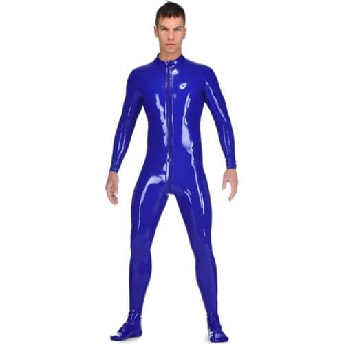 Dark Blue Sexy Men Latex Catsuit Rubber Gummi Bodysuits Socks with Front Crotch Zipper