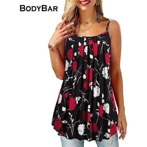 Vintage Print Sleeveless Top Ladies Sexy Round Neck Pleated Suspenders Summer Loose T-shirt Plus Size Tees Big Swing Clothes 6XL