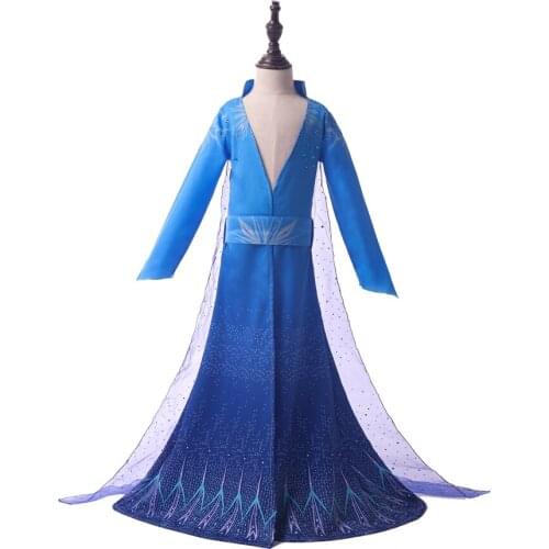 Elsa Evening Dresses Prom Princess Snow Queen Clothes Childrens Costume Girl Party Birthday Tulle Lace Blue Long Sleeve Cosplay