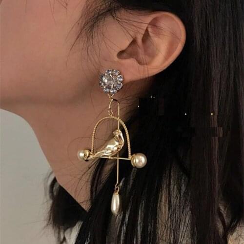Rongho Vintage Metal hollow Bridcage earrings for women brincos Pearl earring pendant Crystal flower bird earring chunky bijoux